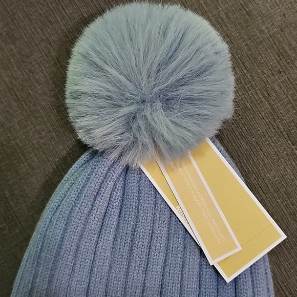 Michael Kors Cable Knit Fleece Lined Cuffed Pom Pom Winter Blue Beanie hat MK main image 6
